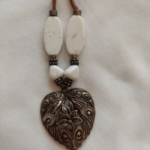 Nine West Vintage America Collection Necklace-Leather-Beads, Metal Heart Pendant